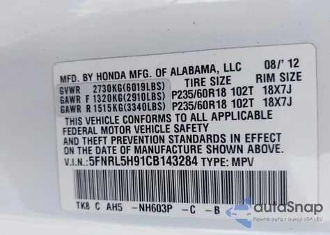 2012 Honda Odyssey Touring/Touring Elite from USA, damaged, VIN 5FNRL5H91CB143284